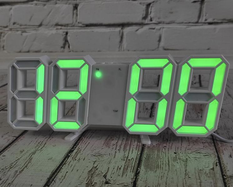 Электронные настольные LED часы белые LY-1089 с зеленой подсветкой с будильником, календарем, термометром