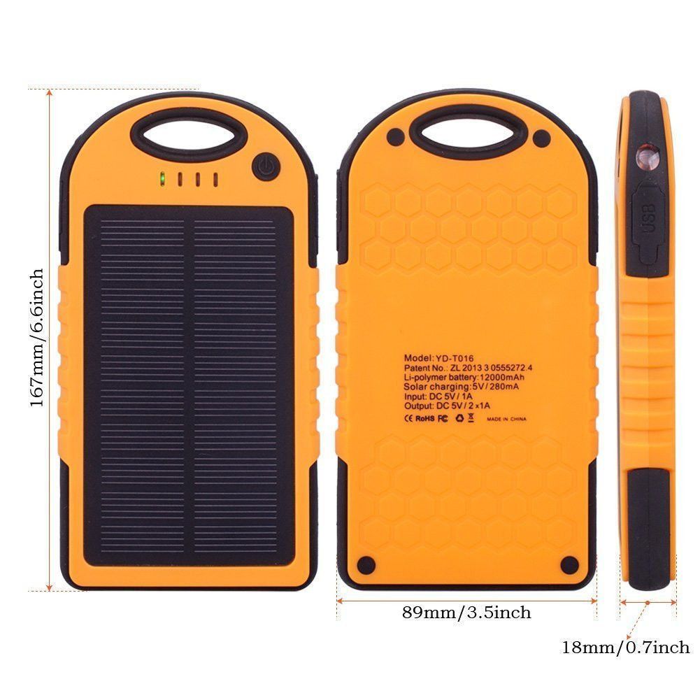 Портативное зарядное устройство Power Bank Solar 12000 mAh c Led фонариком и карабином