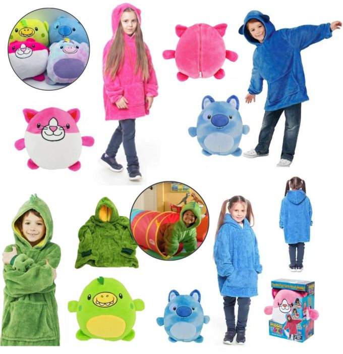 Мягкая плюшевая Детская удобная универсальная Пижама Kids Huggle Pets Толстовка–Комфортный Плед с рукавами для детей 3 в 1 Подушка + Игрушка + Худи Универсальный размер до 150 см, трансформер с капюшоном забавные животные