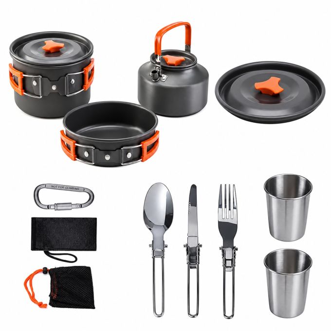 Набор туристической посуды Camping cooking 10 в 1 для похода из нержавеющей стали, чайник, сковорода, кастрюля