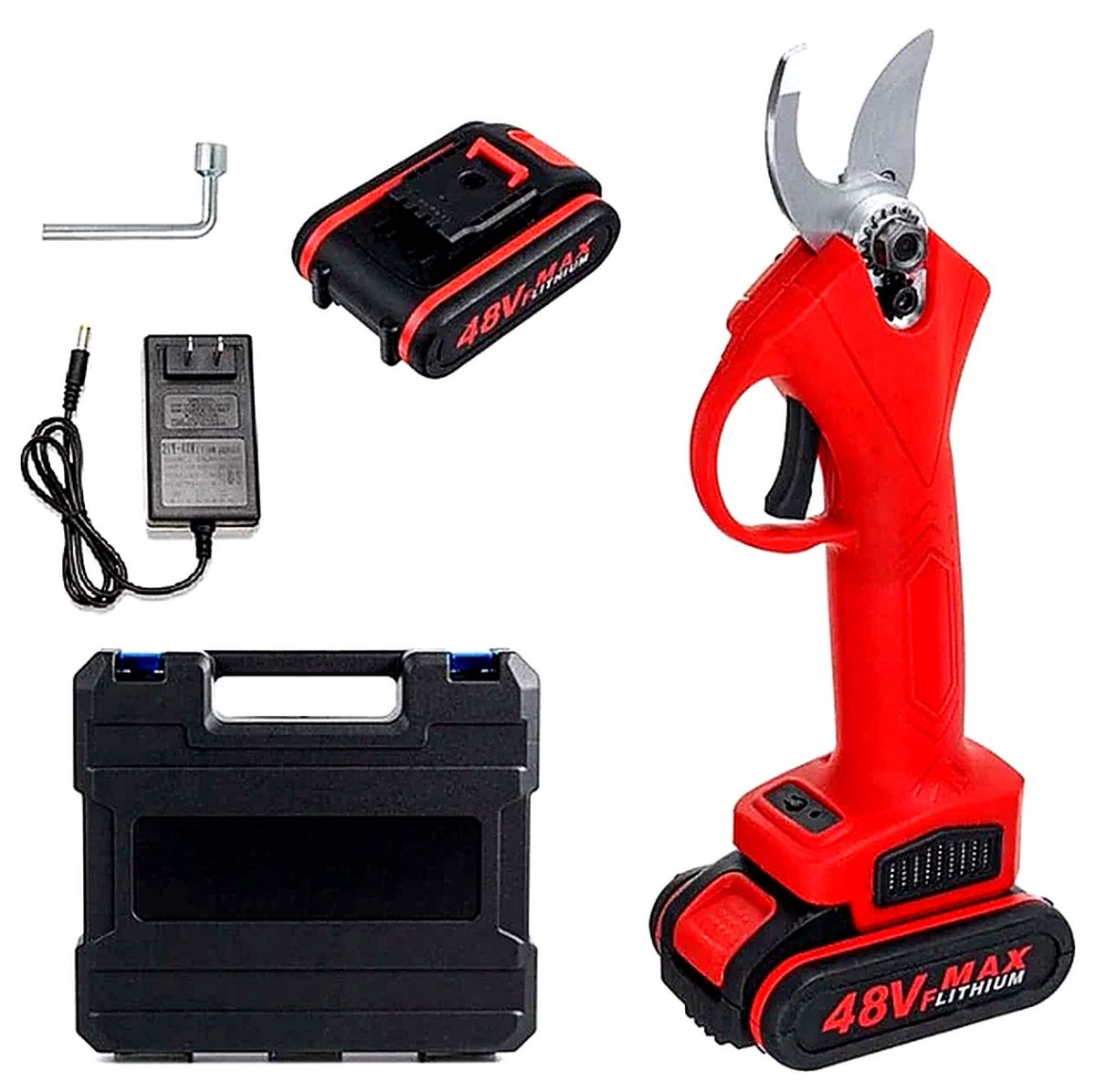 Секатор аккумуляторный садовый Kraftech 40-1 48V 2100 mah 800W с 2 аккумуляторами в кейсе, электрические садовые ножницы, веткорез для обрезки веток