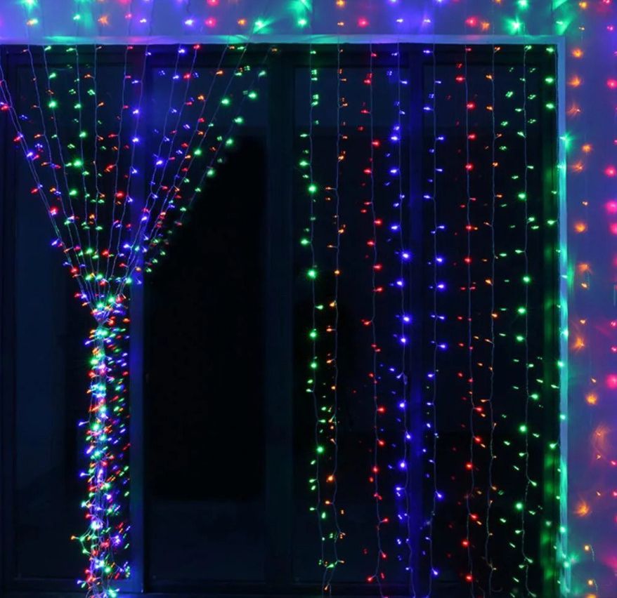 Гирлянд штора водопад мульти 3x2 м роса 200 led RGB на медной проволоке светодиодная Xmas LED M-9 3мx2м