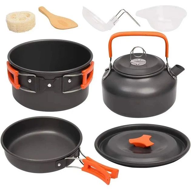 Набор туристической посуды Camping cooking 10 в 1 для похода из нержавеющей стали, чайник, сковорода, кастрюля