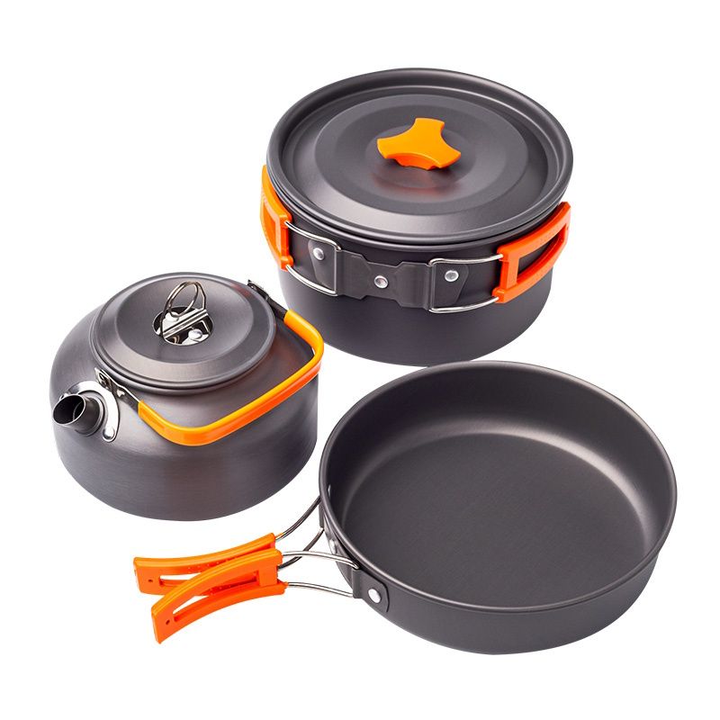 Набор туристической посуды Camping cooking 10 в 1 для похода из нержавеющей стали, чайник, сковорода, кастрюля