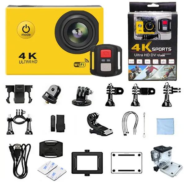 Спортивная универсальная видео экшн-камера Waterproof Sport Action Camera WiFi 4K Ultra HD D800 портативная компактная прочная с пультом, аква боксом и набором креплений для съемки в экстремальных условиях и во время движения, съемки под водой до 30м