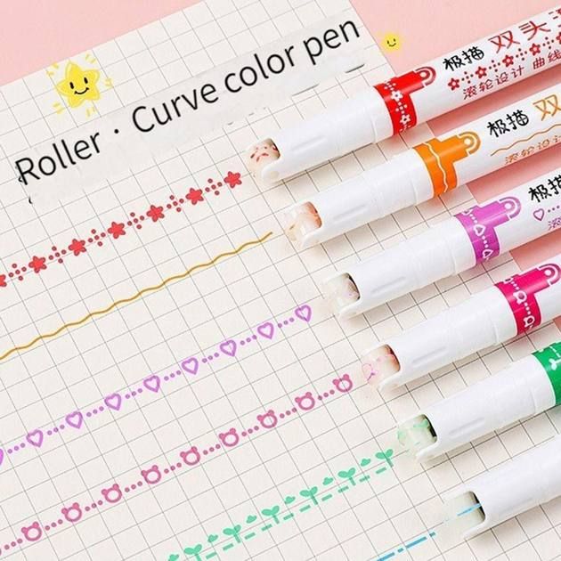 Набор двусторонние маркеры Kawaii Flowers Line Shaped из 6 шт, Роликовые маркеры, Набор фигурных текстовых маркеров