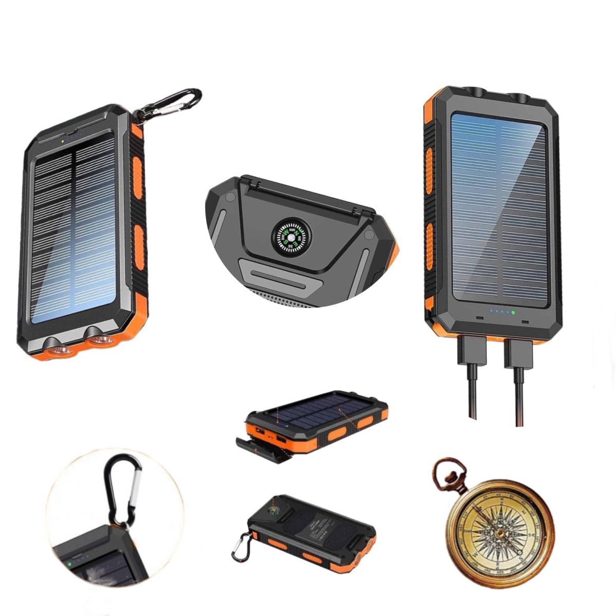 Портативное зарядное устройство Solar Power Bank с солнечной панелью 20000 мАч, противоударный, водонепроницаемый повербанк с фонарем, компас, карабин