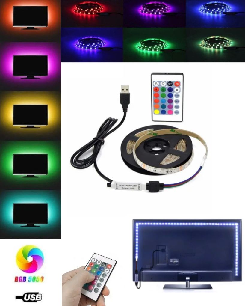 Cветодиодная лента LED с пультом 5050 RGB 2 м от USB, Фоновая RGB подсветка для телевизора, светодиодная лента от Power Bank