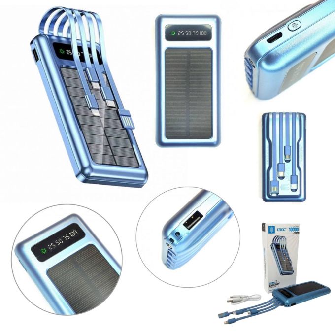 Мобильная зарядка UKC 10000mAh SOLAR, Универсальный Powerbank на солнечной батарее, многофункциональное портативное зарядное устройство, с  LED дисплеем, светодиодным фонариком и множеством портов включая USB, Type-C, Micro USB и Lightning