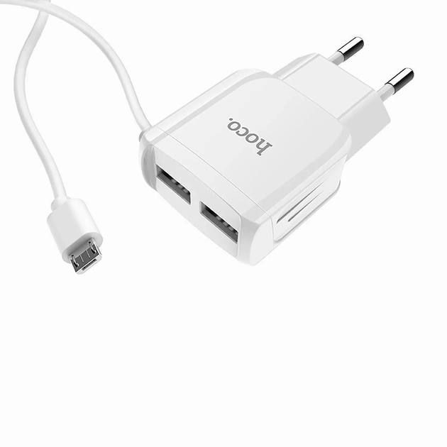 Сетевое зарядное устройство USB HOCO C59A 2-USB + Кабель USB-MicroUSB, комплект для зарядки телефона адаптер + кабель, для Android,Samsung,Xiaomi,Huawei,Meizu Белый, азрядное для двух устройств, адаптер на два USB