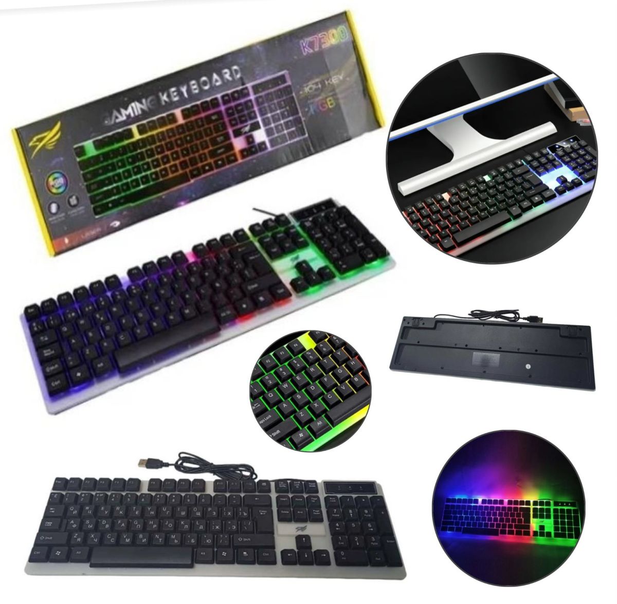 Клавиатуры KT-7300 / K-7300 С Подсветкой RGB, геймерская проводная USB яркая удобная функциональная игровая клавиатура ENG/RUS для ПК,для компютера для игр и для повседневной работы на русском