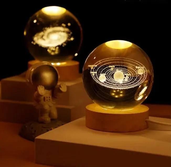 Хрустальный шар с солнечной системой 6/8 см светодиодный LED 3D ночник, шар-ночник, стеклянный шар светильник на аккумуляторе от USB