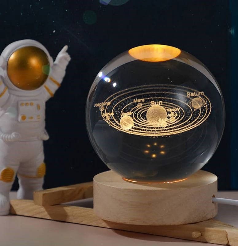 Хрустальный шар с солнечной системой 6/8 см светодиодный LED 3D ночник, шар-ночник, стеклянный шар светильник на аккумуляторе от USB