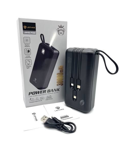 Power bank LENYES PX368 30000mAh (реальная емкость), Портативная универсальная внешняя мобильная батарея, аккумуляторная переносная батарея, мощный павербанк для зарядки, 3 встроенных кабеля Micro/Type-C/Lightning