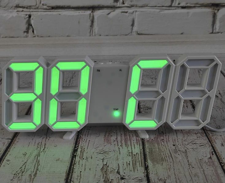 Электронные настольные LED часы белые LY-1089 с зеленой подсветкой с будильником, календарем, термометром