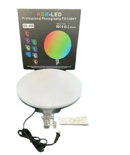 Универсальная Светодиодная круглая LED лампа Camera light GS-450 RGB с держателем-фиксатором для фото и видеосъемки,  предметной съемки, дополнительного освещения, цветная с пультом, для фотографов, блогеров, салонов красоты