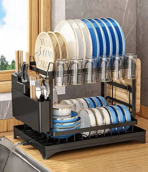 Двухуровневая сушилка для посуды с автоматическим сливом для кухни, нержавеющая сталь, Стеллаж для хранения посуды со сливным поддоном