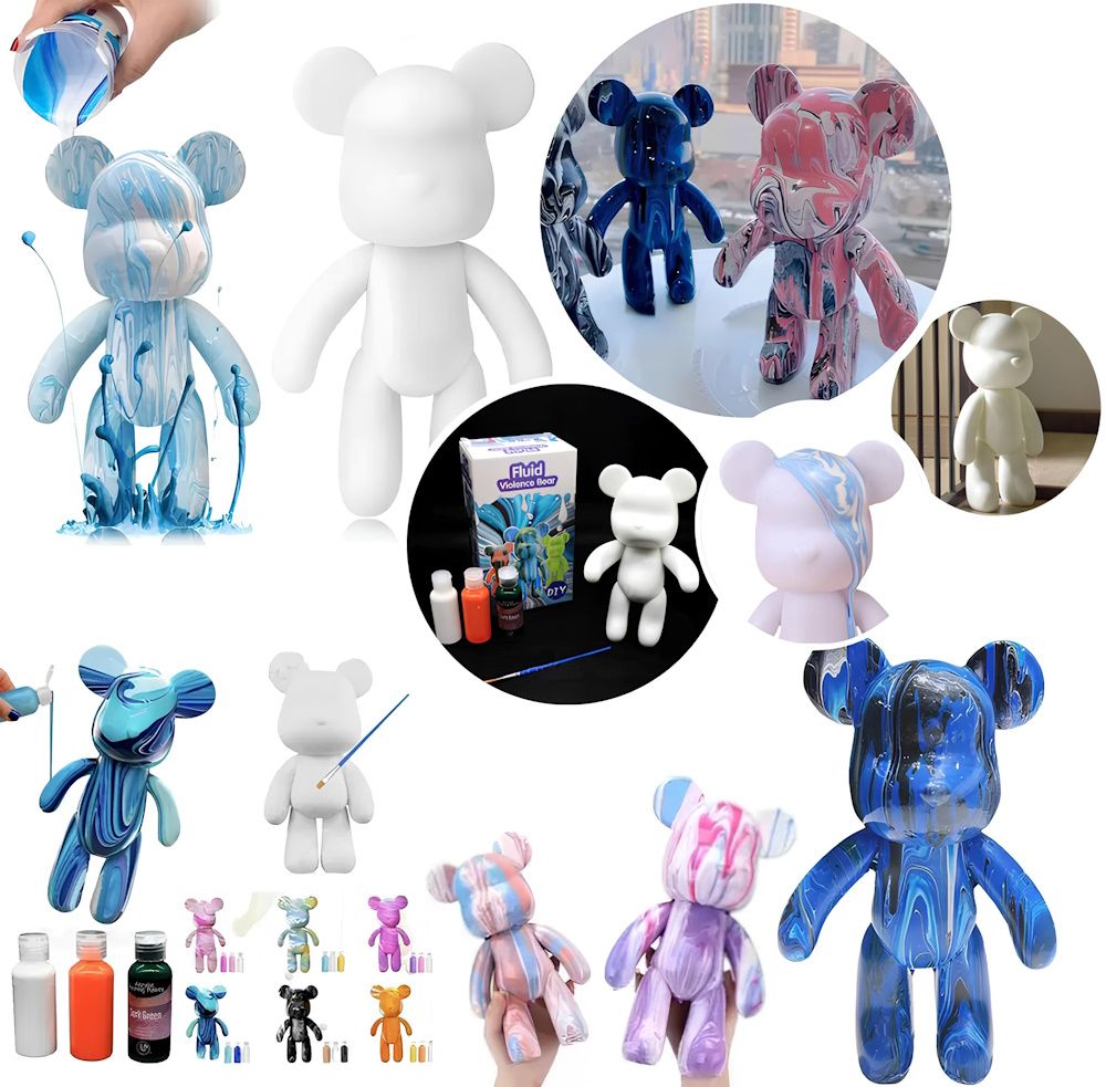 Флюидный Мишка Fluid Bear Bearbrick с красками 23 см, медвежонок для творчества DIY Bearbrick, Набор для творчества мишка сделай сам
