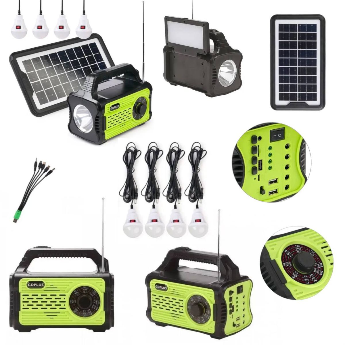 Солнечная станция GDPlus GD-8076, солнечная система, фонарь колонка, Фонарь Power Bank, FM радио, Bluetooth, 4 лампочки с солнечной панелью