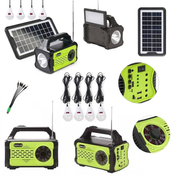 Солнечная станция GDPlus GD-8076, солнечная система, фонарь колонка, Фонарь Power Bank, FM радио, Bluetooth, 4 лампочки с солнечной панелью