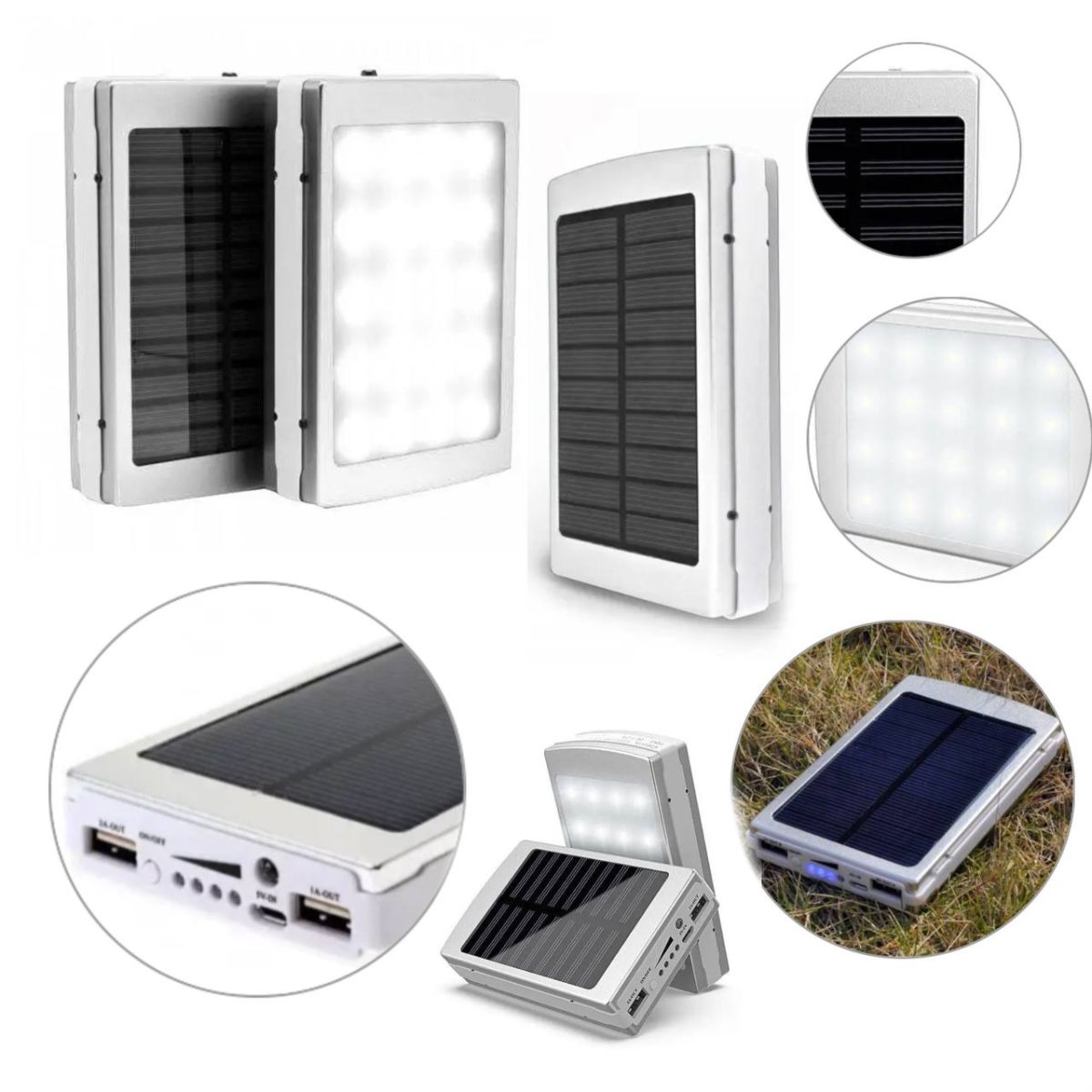 Power Bank 50000 mAh с солнечной батареей и Led панелью silver, Компактное и мощное портативное зарядное устройство, Внешняя батарея для зарядки, внешний аккумулятор, Универсальное устройство, работающее от сети, компьютера и энергии солнца