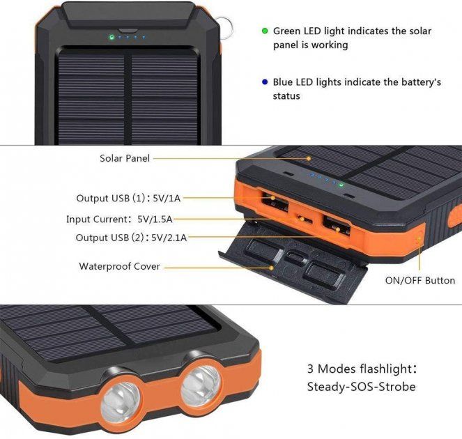 Портативное зарядное устройство Solar Power Bank с солнечной панелью 20000 мАч, противоударный, водонепроницаемый повербанк с фонарем, компас, карабин