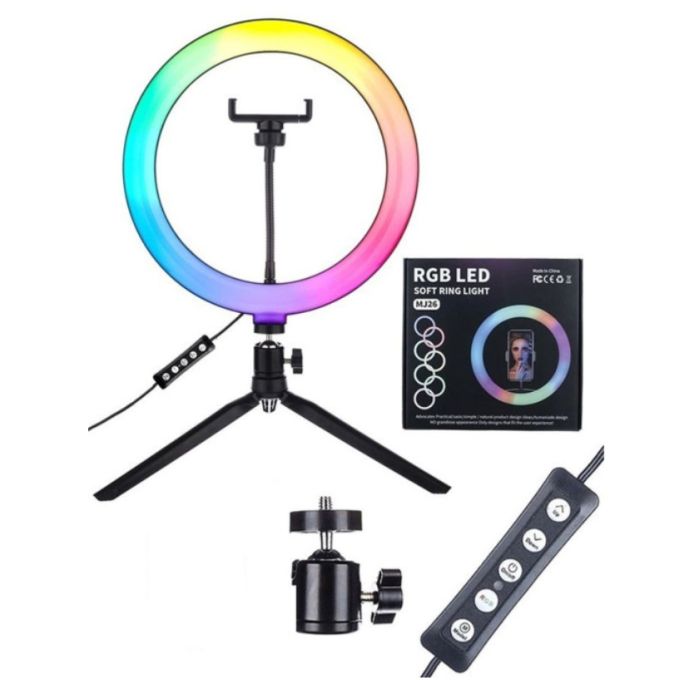 Кольцевая светодиодная LED лампа MJ26 RGB 26 см для селфи, фото и видео, студийный свет