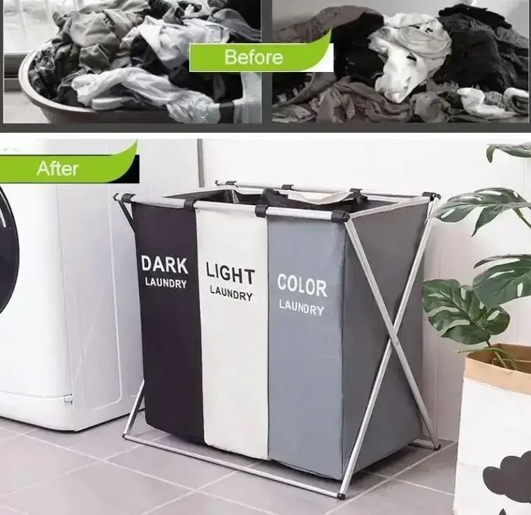Корзина для белья складная 120л с 3 отсеками Laundry Basket, Корзина-органайзер для сортировки грязного белья