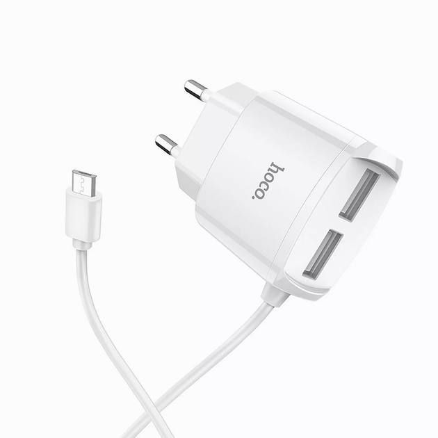 Сетевое зарядное устройство USB HOCO C59A 2-USB + Кабель USB-MicroUSB, комплект для зарядки телефона адаптер + кабель, для Android,Samsung,Xiaomi,Huawei,Meizu Белый, азрядное для двух устройств, адаптер на два USB