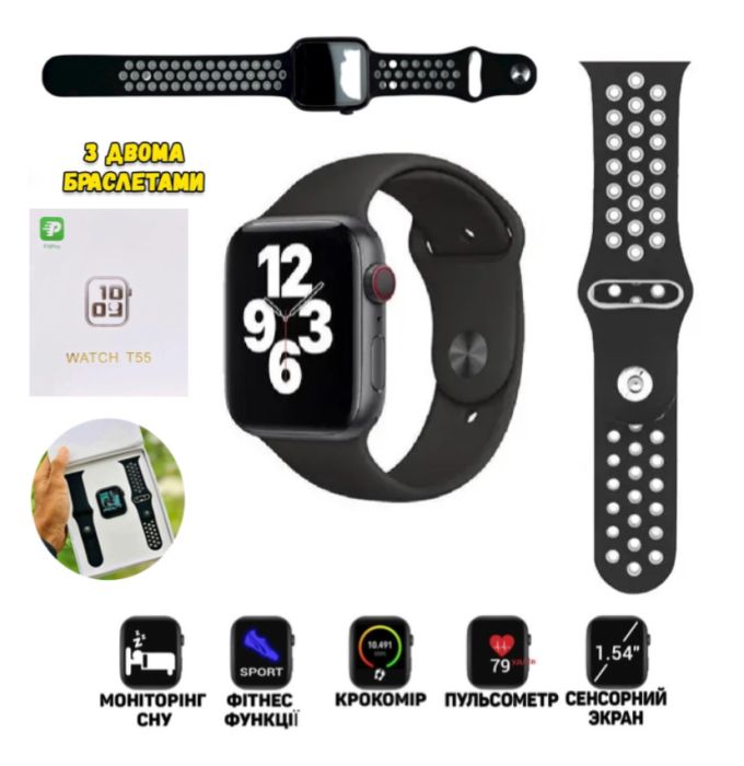 Смарт-часы Smart Watch T 55 поддержка звонков, спортивные режимы,влагозащита ip 67 Black,умные наручные часы,2 ремешка,сенсорное управление,совместимость с ОС: Android и IOS.спортивные фитнес часы
