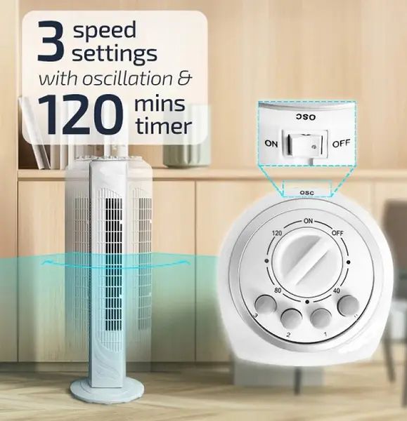 Бесшумный Напольный Вентилятор DOMOTEC MS-1627 White TOWER FAN с таймером отключения, 3 режима скорости, колонный эффективный вентилятор для дома и офиса