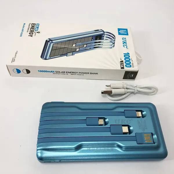 Мобильная зарядка UKC 10000mAh SOLAR, Универсальный Powerbank на солнечной батарее, многофункциональное портативное зарядное устройство, с  LED дисплеем, светодиодным фонариком и множеством портов включая USB, Type-C, Micro USB и Lightning
