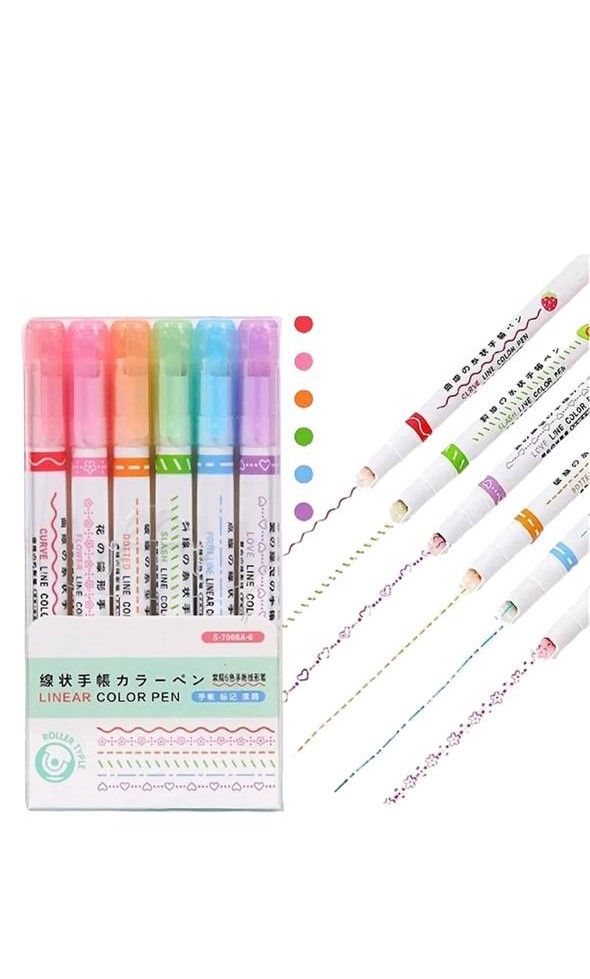 Набор двусторонние маркеры Kawaii Flowers Line Shaped из 6 шт, Роликовые маркеры, Набор фигурных текстовых маркеров