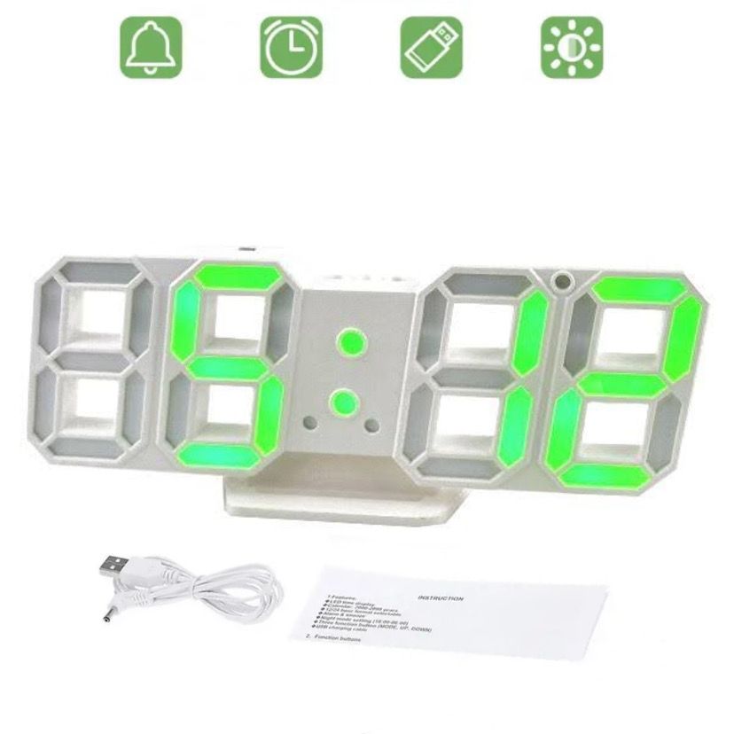 Электронные настольные LED часы белые LY-1089 с зеленой подсветкой с будильником, календарем, термометром