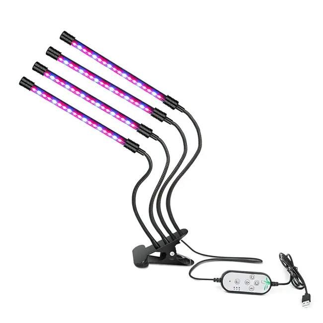 Фитолампа для выращивания растений и рассады LED 36 ВТ, светодиодная с таймером на 4 лампы, полный спектр на прищепке, для подсветки растений при недостаточном уровне естественного освещения,гибкая с регулировкой яркости