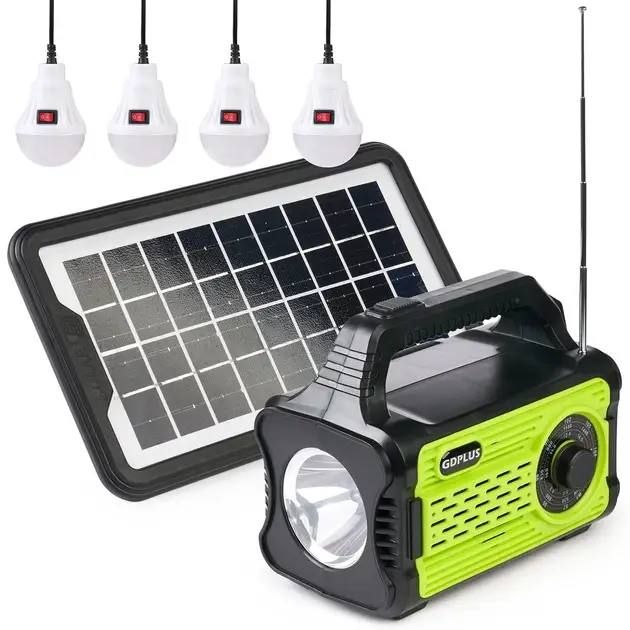 Солнечная станция GDPlus GD-8076, солнечная система, фонарь колонка, Фонарь Power Bank, FM радио, Bluetooth, 4 лампочки с солнечной панелью