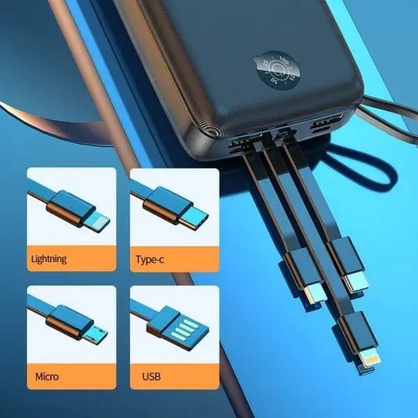 Power bank LENYES PX368 30000mAh (реальная емкость), Портативная универсальная внешняя мобильная батарея, аккумуляторная переносная батарея, мощный павербанк для зарядки, 3 встроенных кабеля Micro/Type-C/Lightning