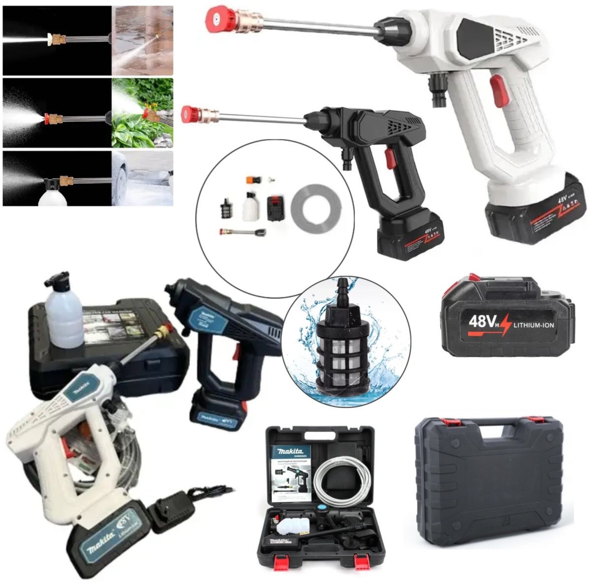 Аккумуляторная портативная универсальная Мойка Высокого давления Makita 48v 2акб, 2 аккумулятора, Автономный компактный Пистолет для Мойки Автомобиля, Минимойка для авто с кейсом для хранения