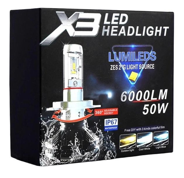 Комплект светодиодные LED лампы X3-H7 для автомобиля HeadLight 50Вт с активным охлаждением 8000K/6000Lm, автомобильные лед лампы