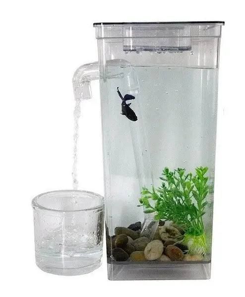 Самоочищающийся аквариум для рыбок My Fun Fish, аквариум с системой самоочищения, Мини-аквариум с краном для легкого очищения, безопасный из ударопрочного пластика с подсветкой LED + Декор (камни на дно и пластиковое водное растение)