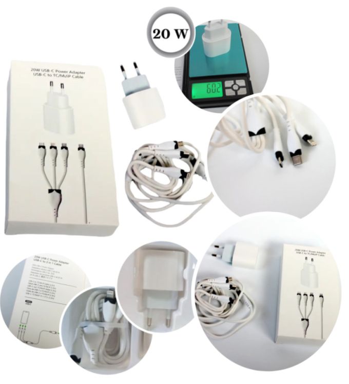 Зарядное устройство блок питания 20W USB-С Power Adapter + тройной универсальный кабель 3в1 USB-C to TC/Mi/iP Cable, Lightning,Type-C, Micro usb