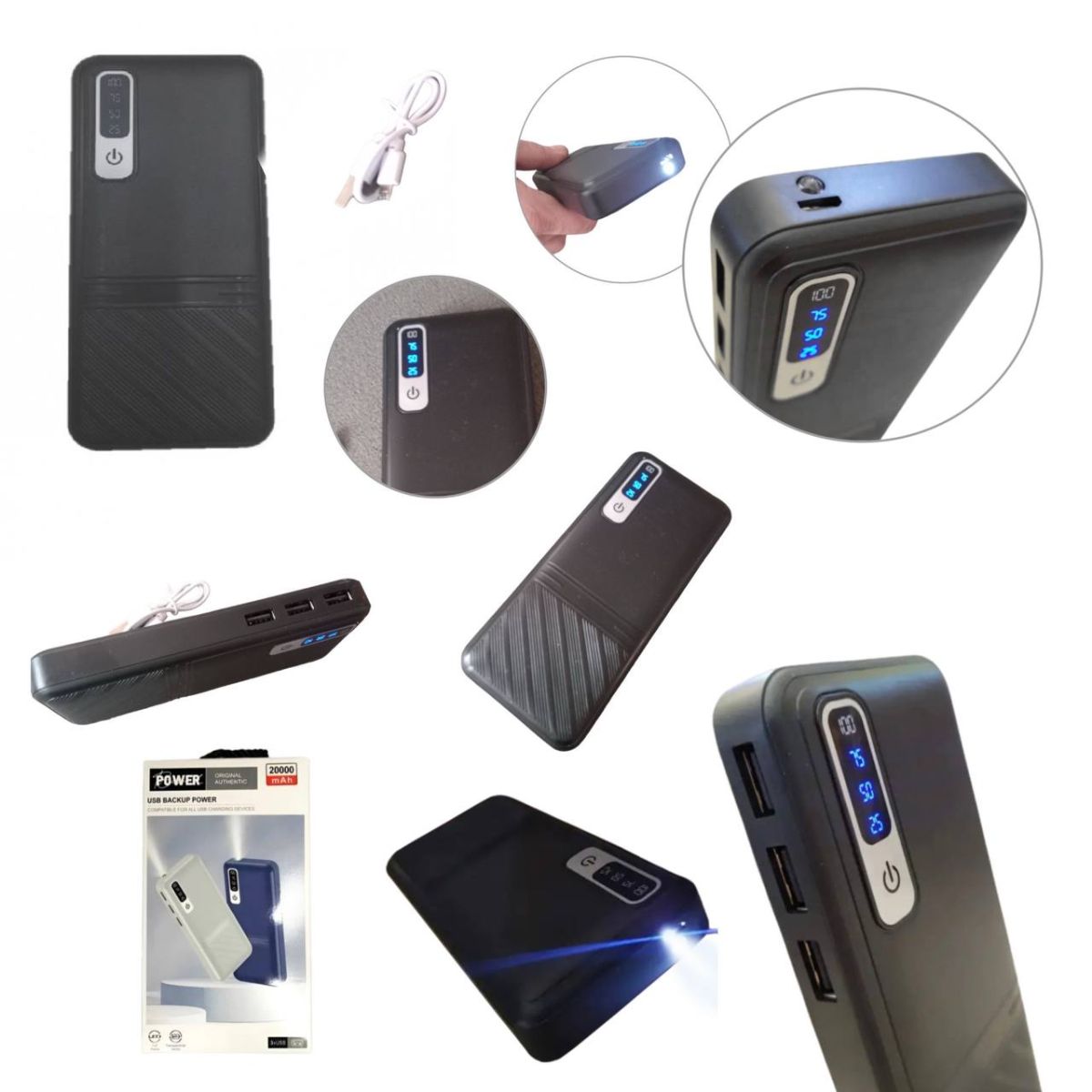 Универсальная практичная Мобильная зарядка UN-3103 20000mAh, портативнй переносной Powerbank с фонарем и LCD дисплеем для подзарядки ваших устройств, для зарядки гаджетов, с тремя портами USB
