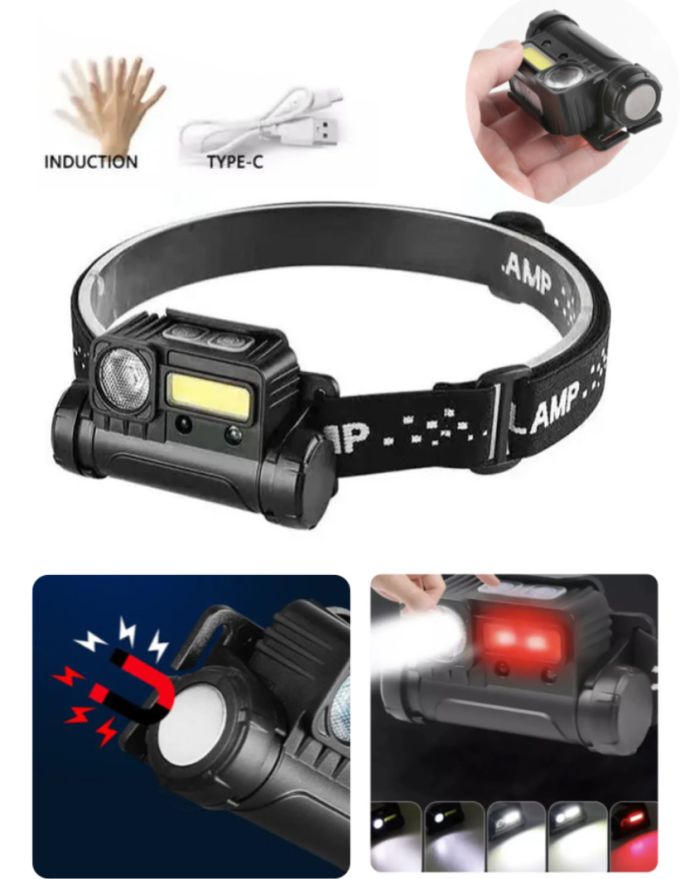 Светодиодный аккумуляторный налобный фонарь BL-123 COB + USB CHARGE с датчиком движения, красный стробоскоп