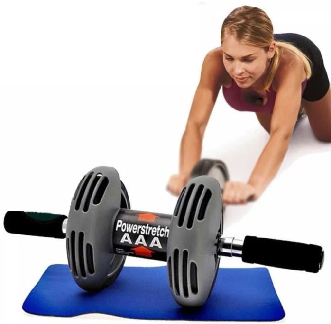 Тренажер колесо ролик двойного действия для пресса гимнастический Power Stretch Roller с ковриком