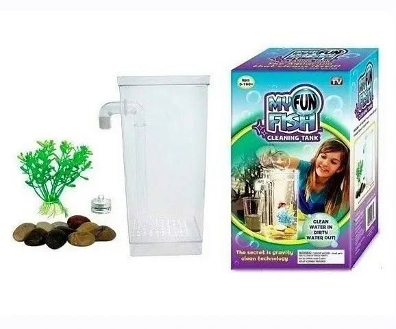 Самоочищающийся аквариум для рыбок My Fun Fish, аквариум с системой самоочищения, Мини-аквариум с краном для легкого очищения, безопасный из ударопрочного пластика с подсветкой LED + Декор (камни на дно и пластиковое водное растение)
