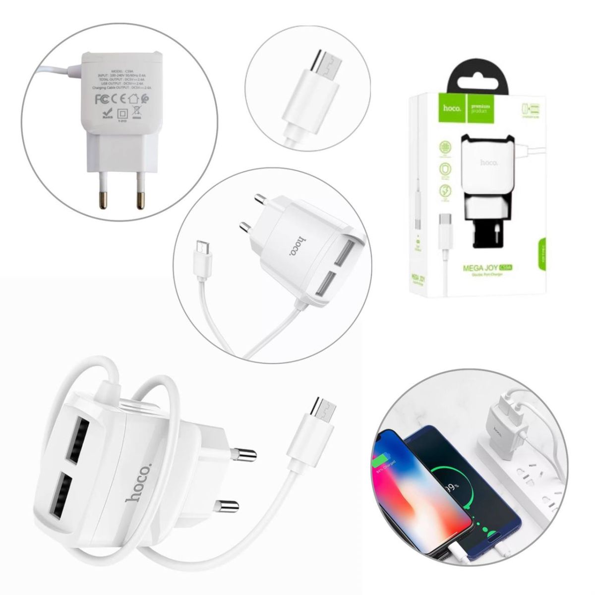 Сетевое зарядное устройство USB HOCO C59A 2-USB + Кабель USB-MicroUSB, комплект для зарядки телефона адаптер + кабель, для Android,Samsung,Xiaomi,Huawei,Meizu Белый, азрядное для двух устройств, адаптер на два USB