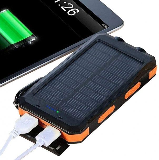 Портативное зарядное устройство Solar Power Bank с солнечной панелью 20000 мАч, противоударный, водонепроницаемый повербанк с фонарем, компас, карабин