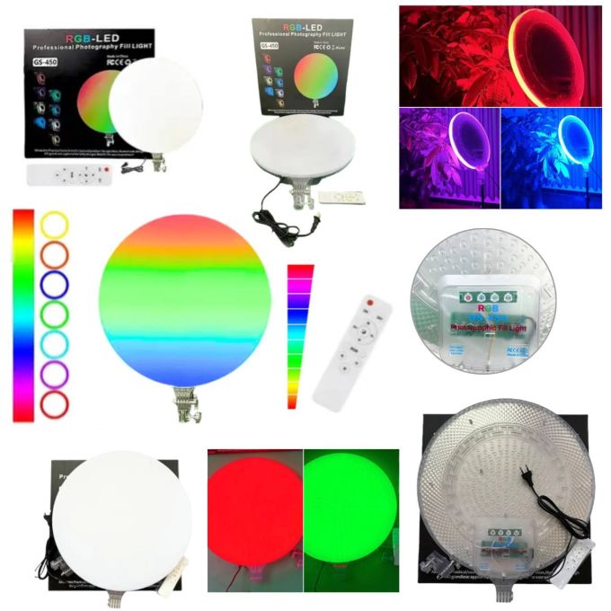 Универсальная Светодиодная круглая LED лампа Camera light GS-450 RGB с держателем-фиксатором для фото и видеосъемки,  предметной съемки, дополнительного освещения, цветная с пультом, для фотографов, блогеров, салонов красоты