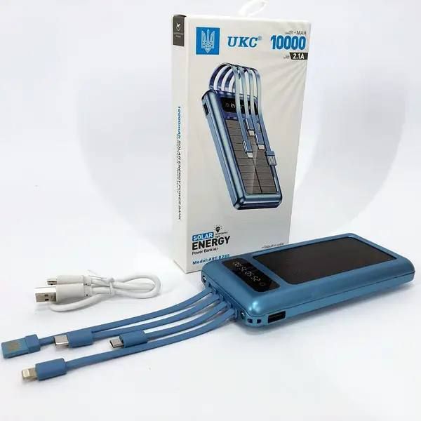 Мобильная зарядка UKC 10000mAh SOLAR, Универсальный Powerbank на солнечной батарее, многофункциональное портативное зарядное устройство, с  LED дисплеем, светодиодным фонариком и множеством портов включая USB, Type-C, Micro USB и Lightning