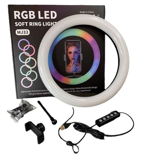 Кольцевая светодиодная лампа MJ33 RGB LED 33 см с держателем под мобильный телефон, смартфон, поворотная на 360 градусов USB